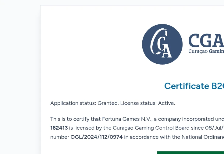 Spartibet Casino research: genuine CGA public certificate for Fortuna Games N.V., OGL/2024/112/0974