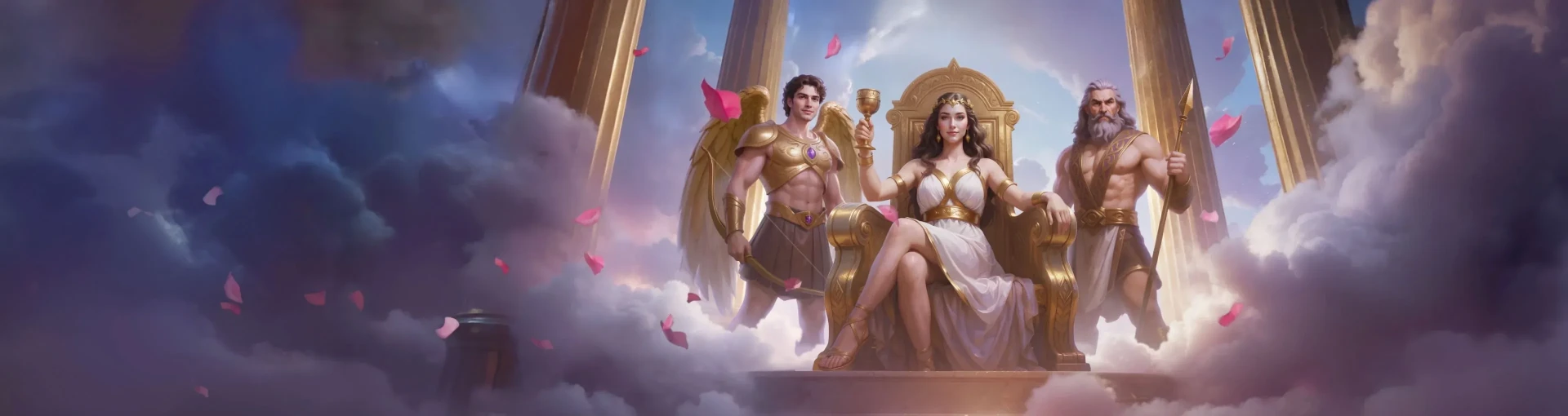 User-selected template artwork: mythological figures on a golden throne